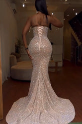 Long Sweetheart Sequins Backless Sleeveless Mermaid Prom Dress